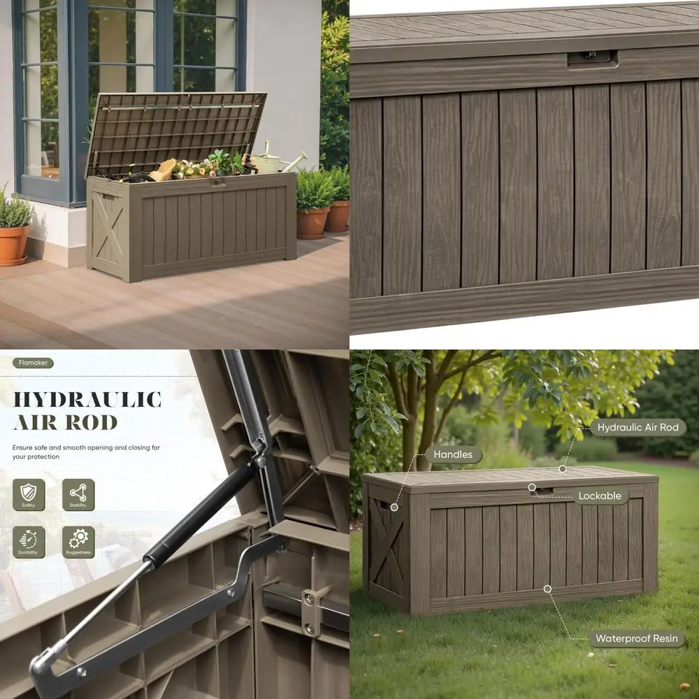 

Большая коробка из смолы на 120 галлонов, водонепроницаемое уличное хранилище для патио, сада и аксессуаров для бассейна (коричневый)