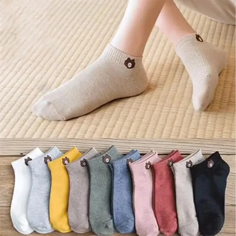 10 Pairs Women Low Tube Socks Set Cute Bear Pattern Fashion Breathable For Female Casual Style Comfortable Socks