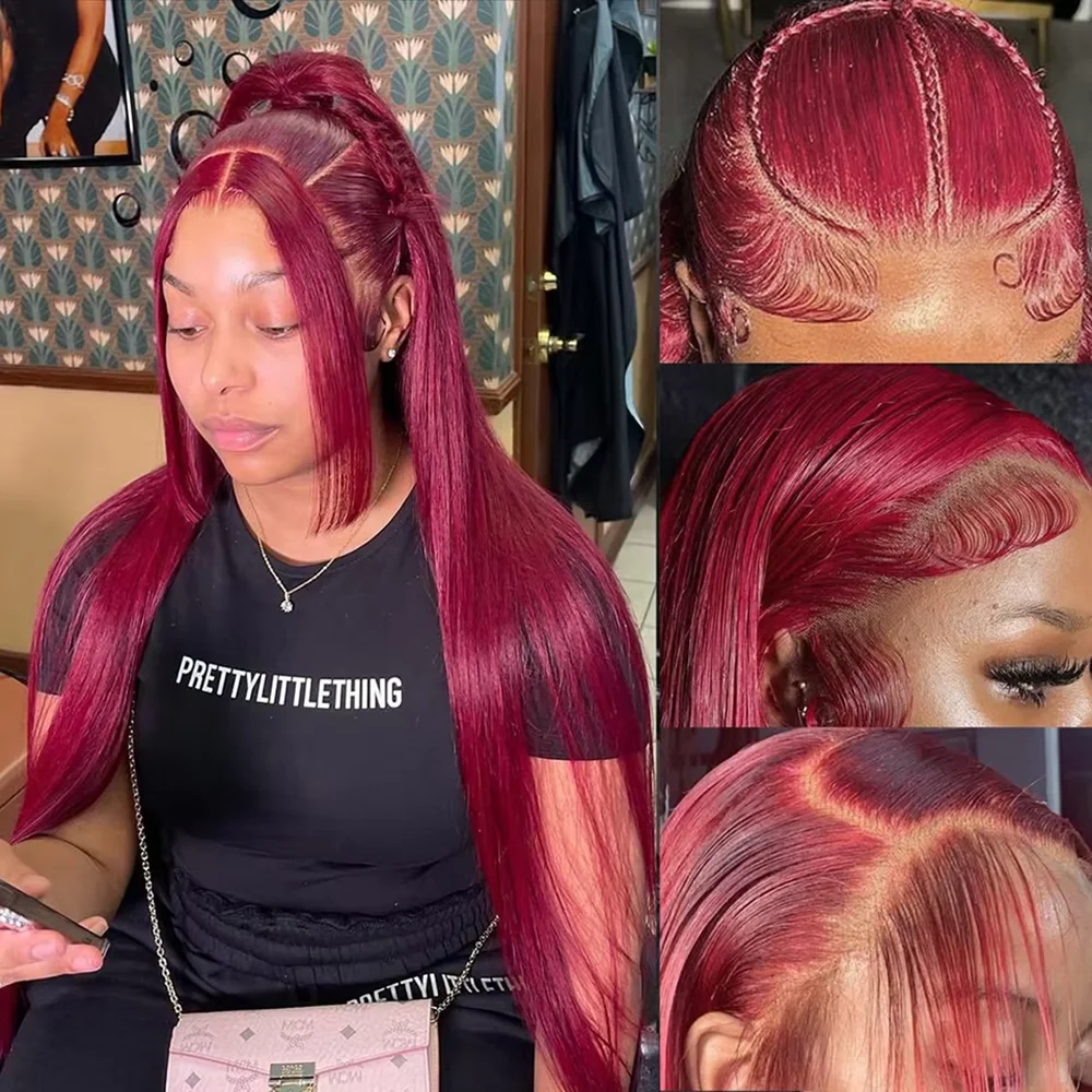 220 Density 40 46 Inches 13x4 Lace Frontal Wig 99J Burgundy Pre plucked Red Colored Bone Straight Wig 13x6 HD Transparent Lace Front Human Hair Wigs 13x4 Lace Frontal Wig 99J Burgundy Preplucked Red Colored Bone Straight Wig view 5