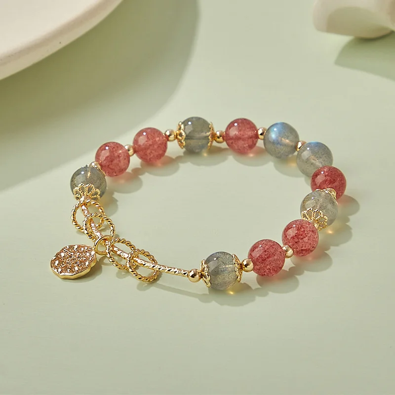 Natural Octagram Strawberry Quartz Gray Moonstone Labradorite Bracelet, Boho Adjustable Unique Healing Energy Women