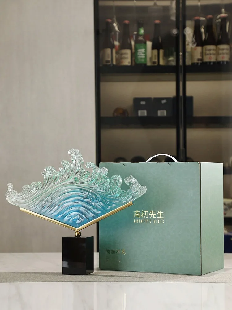 Transparent Gradient Ocean Wave Resin Sculpture Figurine Modern Art Desktop Ornament Home Living Room Tabletop Decor Model Gift