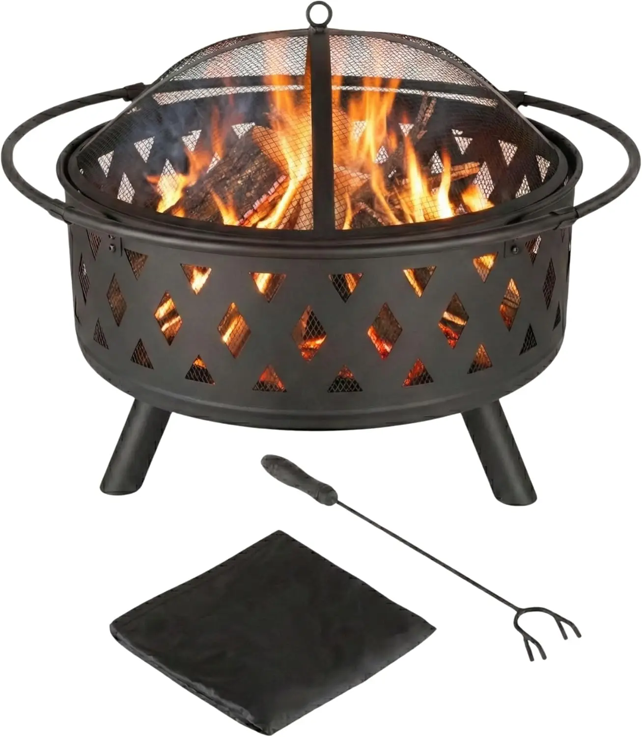 32-inch Outdoor Wood Burning Fire Pit in Black with Screen, Poker, and Cover for Backyard, Deck, Patio - Ideal for Outdoor Use