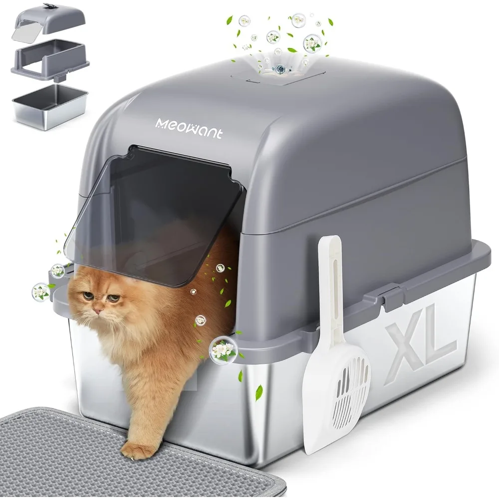 

Stainless Steel Cat Litter Box, Extra Large 3-in-1 Enclosed Open Top Metal Litter Box with Lid,