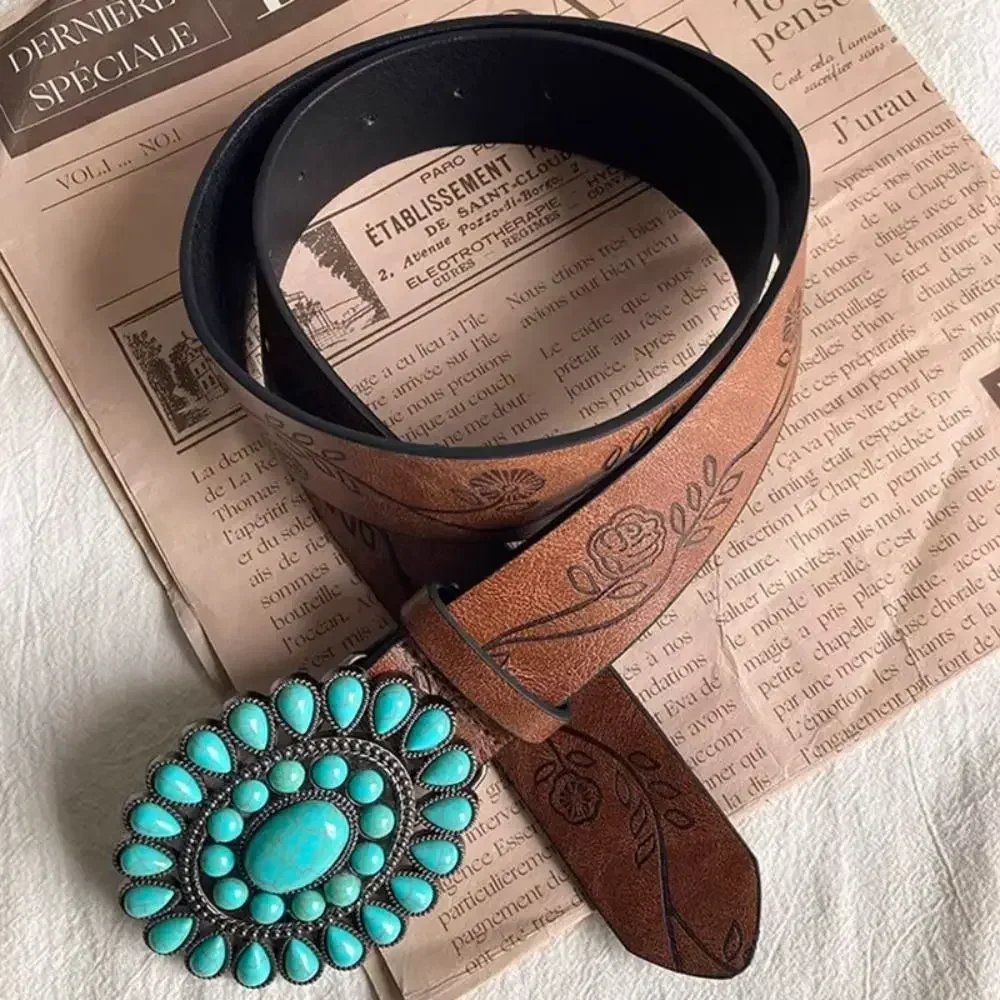 Adjustable Women's Western Bohemian belt Oval Turquoise Buckle High-End Sense Waist Belt PU Brown Embossed Dress Waistband