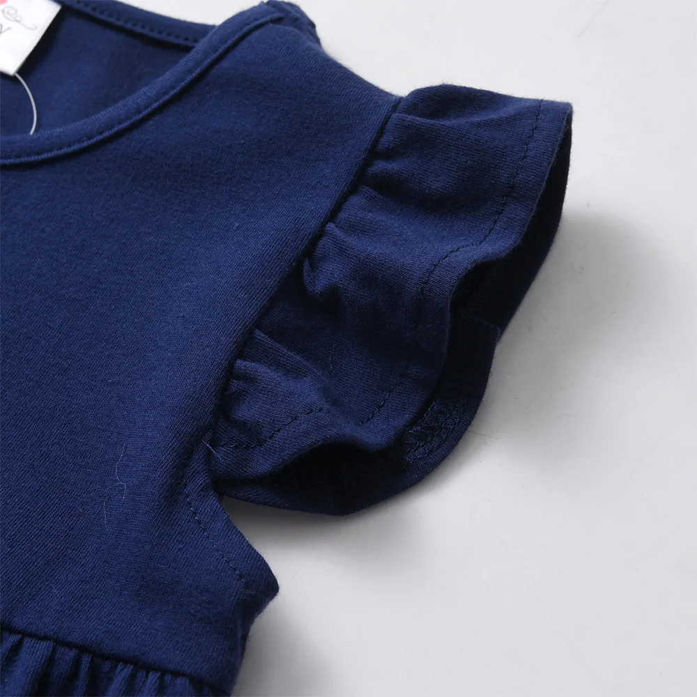 VIKITA Mädchen Marineblau Flare Ärmel Baumwolle Lässiges Sommerkleid Kinder Niedlicher Hase Kaninchen Aufdruck Tägliche Schule Gerade Kleider – Detail 5