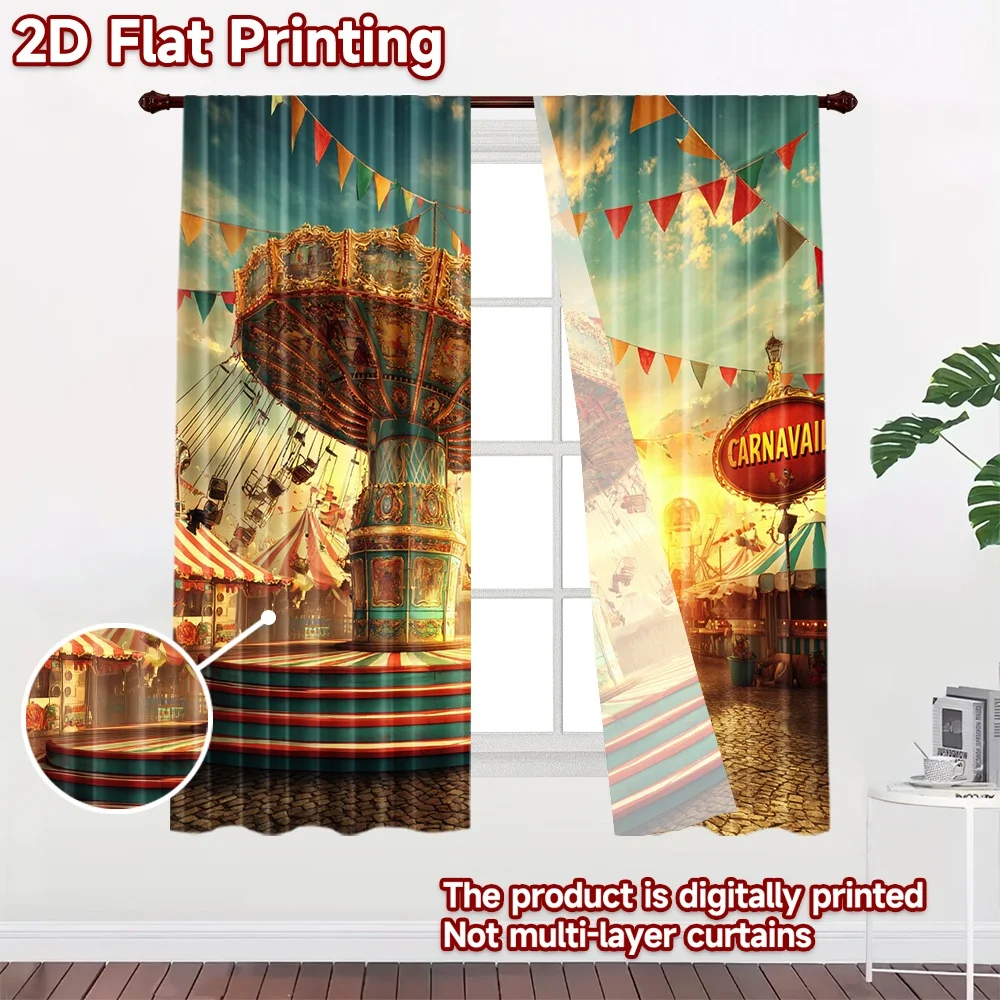 2D flat printing 2pcs Window Curtains Carnival Swing Ride Sunny Day Digital Printed Polyester Drapes Birthday Party Use for