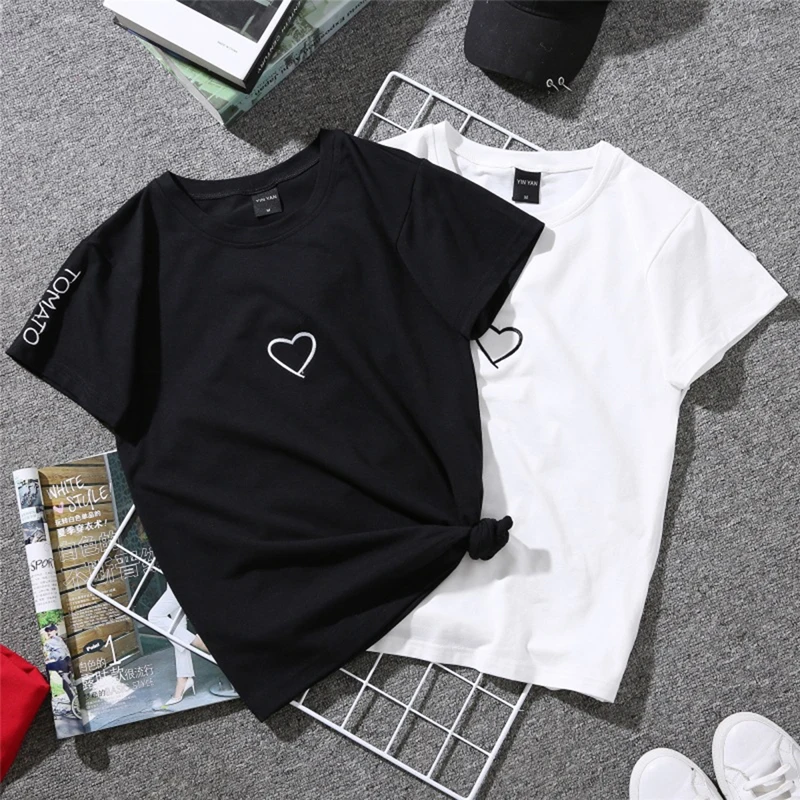 Couples Lovers Embroidery Tee Shirt For Girl Women Casual Love Heart Letter Print T-Shirt Casual White Tops Tshirt New