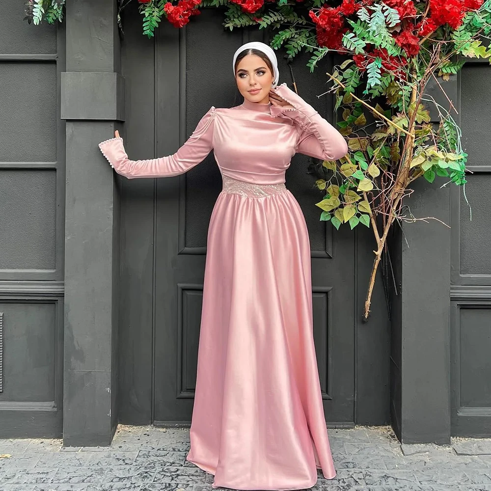 

2024 Prom Dresses for Hijab Women O Neck Long Sleeve A Line Beading Wedding Party Gowns Formal Occasion Dress فساتين طويلة