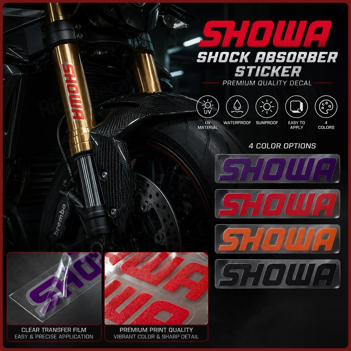 Showa Shock Absorber Stickers - Waterproof Sunproof UV Material Premium Vinyl Motorcycle Fork Suspension Decals 4 Colors
