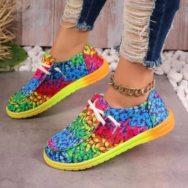 Women Fashion Vulcanized Sneakers Feamle Platform Graffiti Flat Canvas Shoes Casual Breathable Lace-up Ladies Walking Sneakers