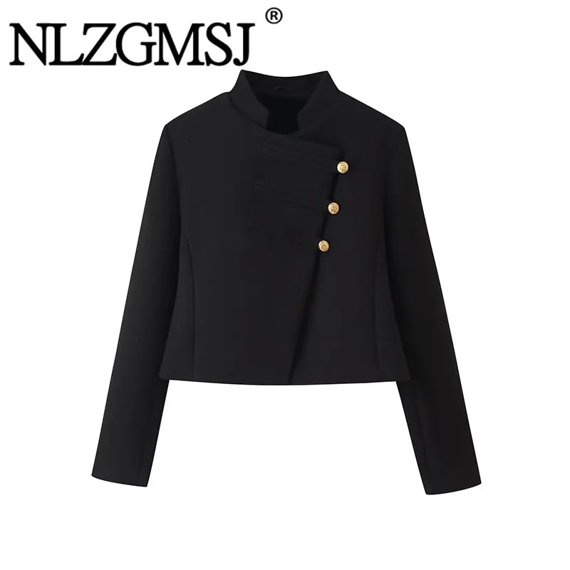 Nlzgmsj 2026 Autumn Women Stand Collar Cropped Blend Jacket Asymmetric Gold Button Decor Long Sleeve Vintage Short Coat