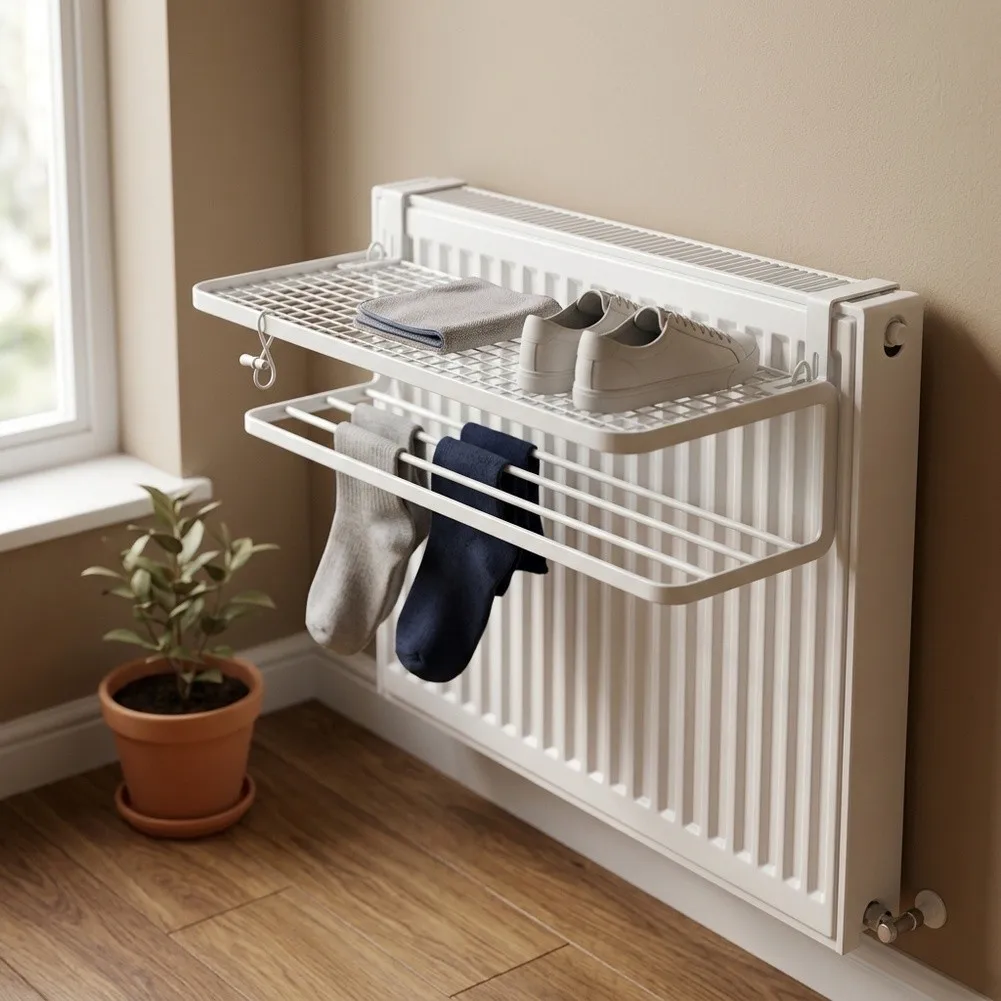1pcs Adjustable Radiator Hanging Rack 2 Tier Laundry Dryer For Baby Clothes & Shoes Sturdy Iron Storage Shelf No Drilling Needed