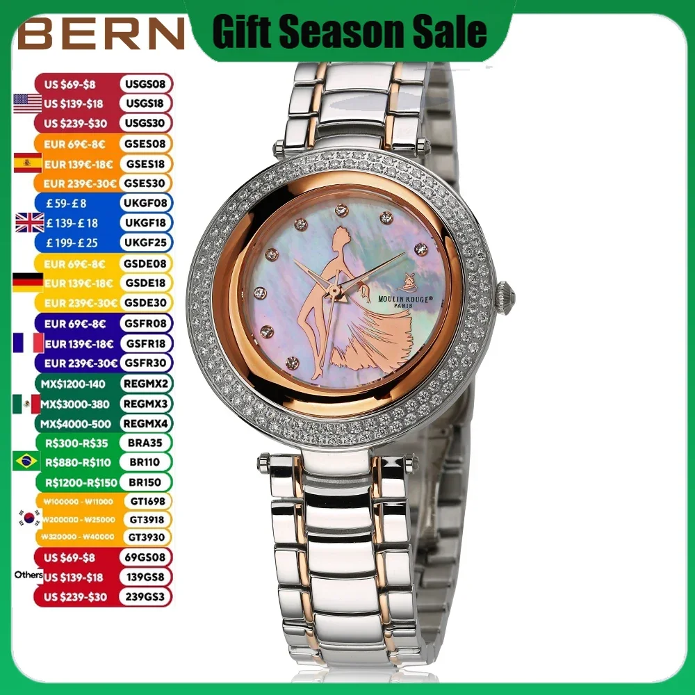 BERNY Luxury Brand Quartz Watch for Woman Waterpoof Wristwatch Fashion Sapphire Rhimestone Clock Stainless Steel Lady Watch 2022