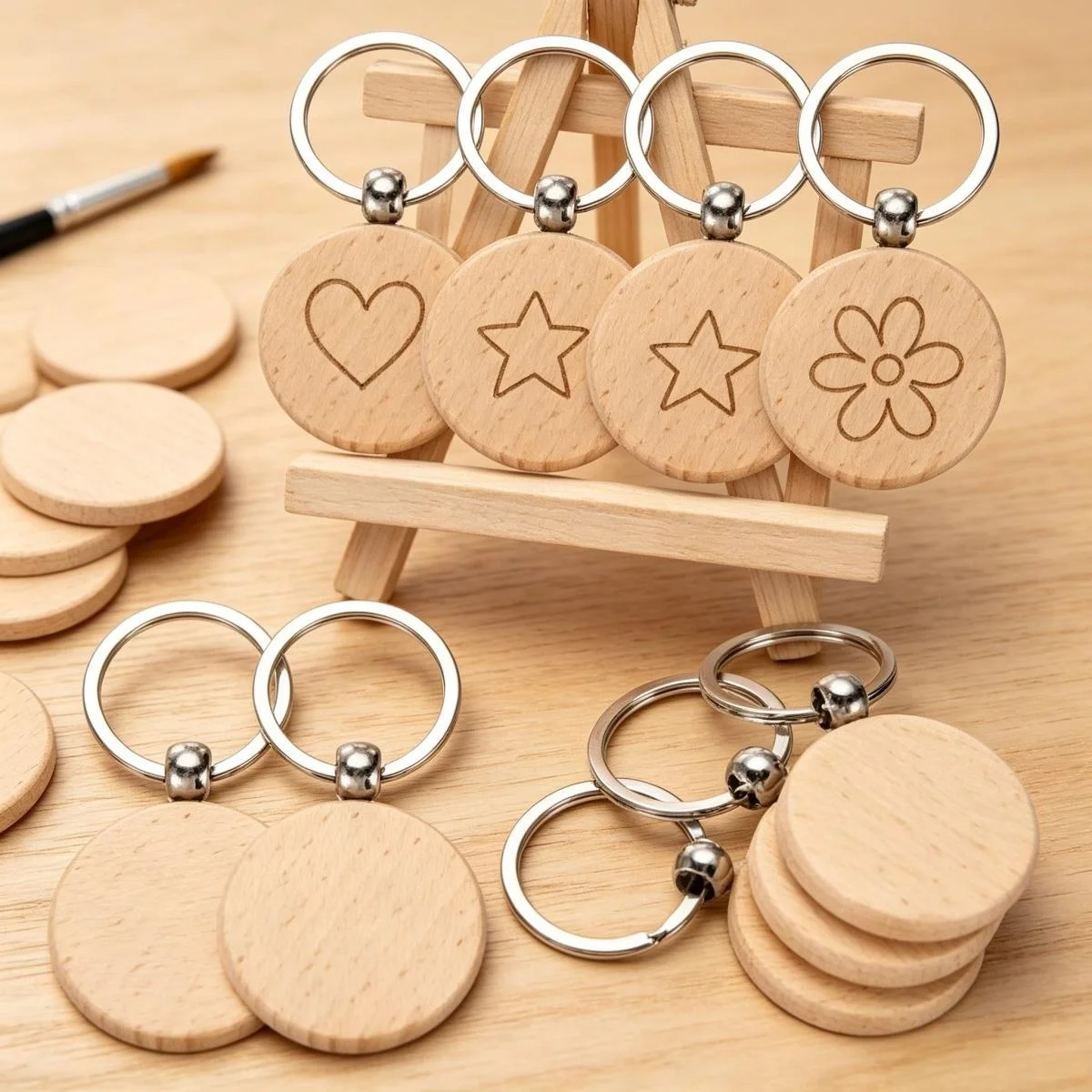 10PCS Wooden Keychain Blanks Unfinished Round Wood Tags for Engraving DIY Key Chain Craft Supply