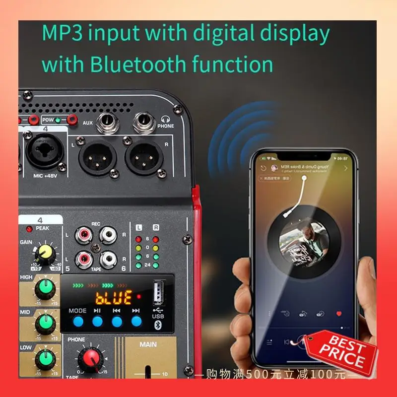 

ABNR 6-Channel Audio Mixer Audio USB Bluetooth-Compatible Reverb Audio Processor Sing Live With Sound Card Mixers EU Plug