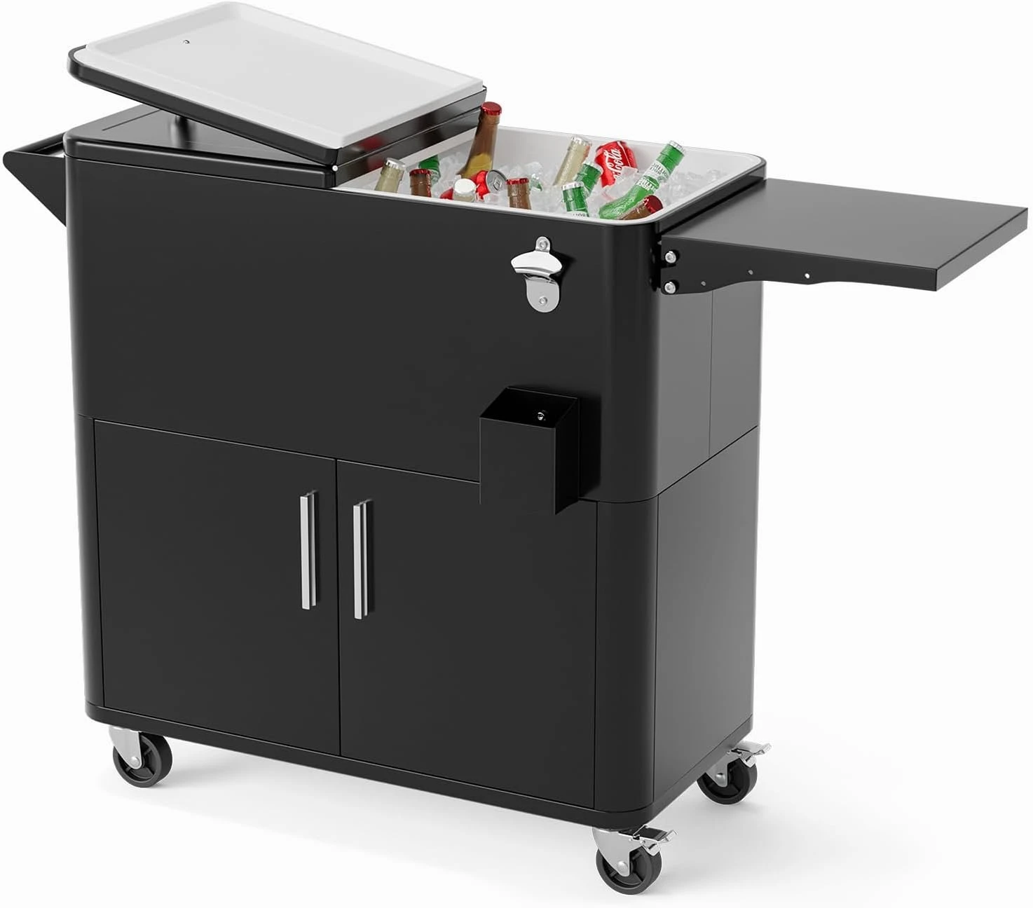 Outdoor Patio Beverage Cooler Ice Chest with Attached Storage Cabinet, Built-In Bottle Opener & Bottom Drainage System, Rolling Beverage Storage Cart for Party, Deck, Pool and Backyard Gathering