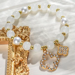 1 Piece Gradient Cat's Eye Stone Bracelet Clover Cute Fresh Sweet Stretch Bracelet, Women's Fashion Bracelet