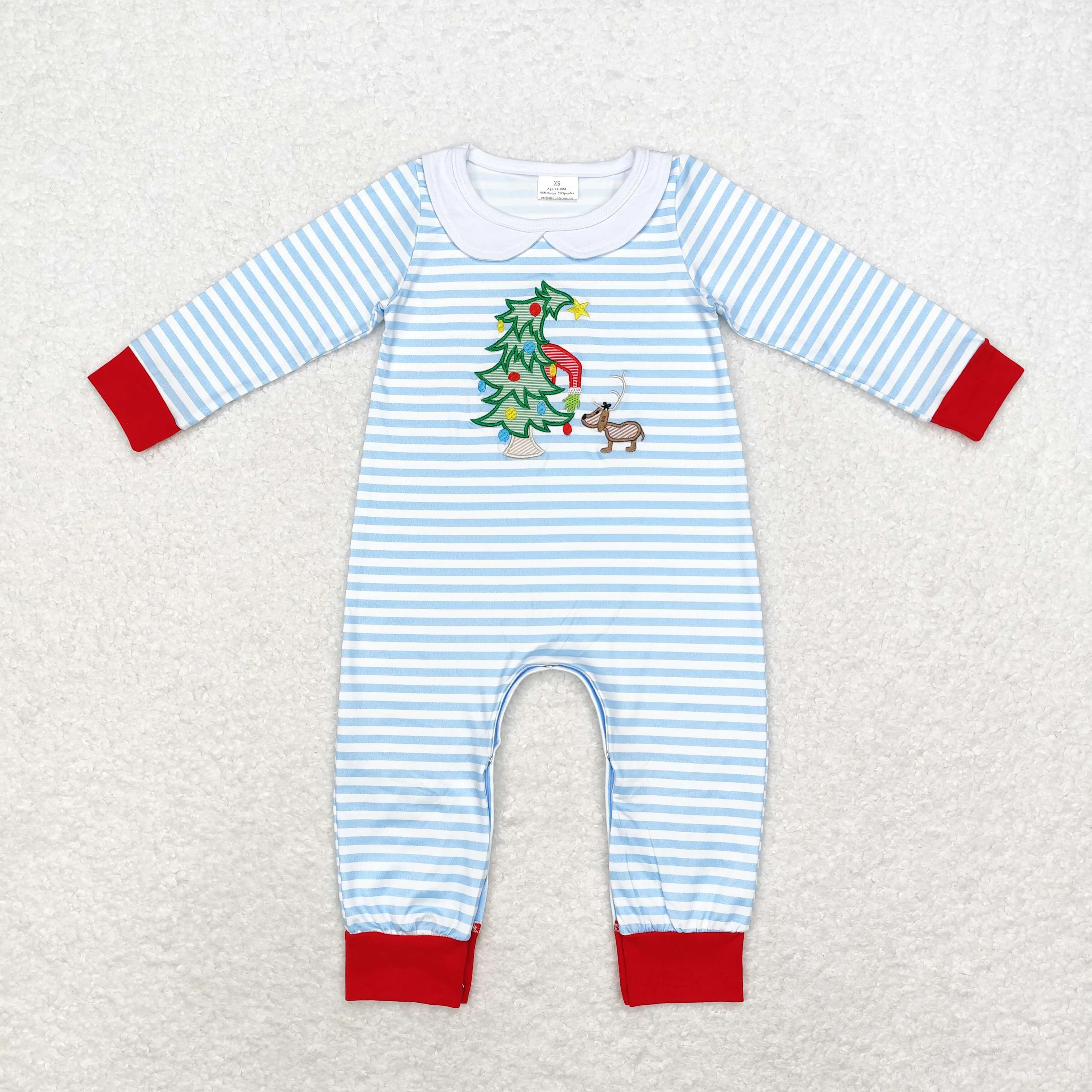 RTS Newborn Christmas One Piece Baby Boy Embroidery Santa Romper Kids Toddler Long Sleeves Infant Children Blue Stripes Jumpsuit