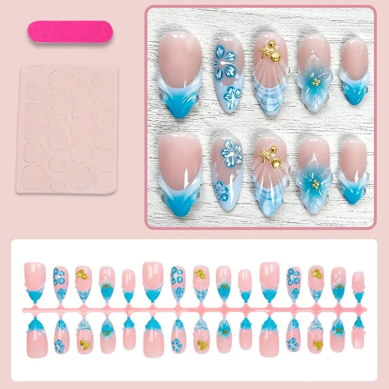 24PCS 3D Carved Blue Flowers Shell False Nails Simple Nude Almond with Seastar Press on Nails Full Cover Sweet French Fake Nails