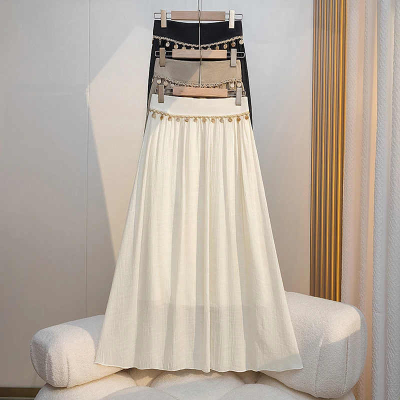 Ethnic Style Cotton And Linen Skirt Women Spring Summer Casual High Waist A-line Large Swing Beach Long Skirt