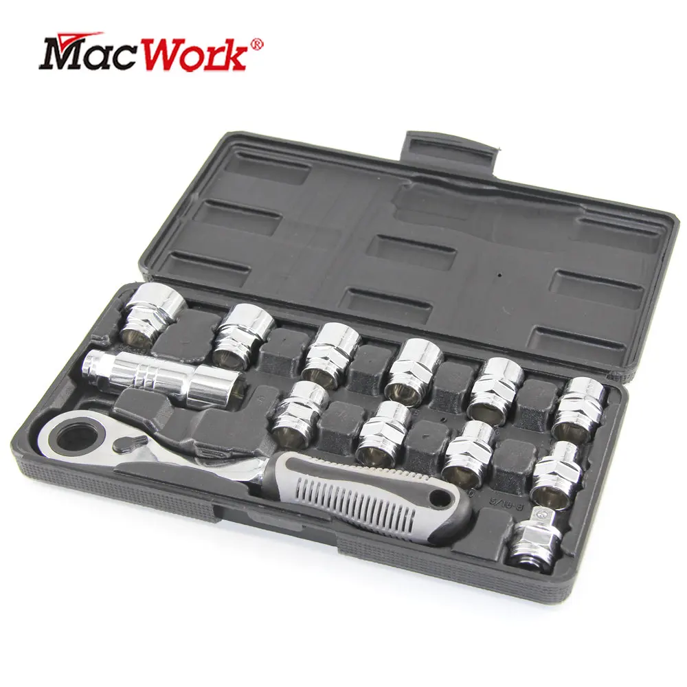 MacWork-caja de herramientas para mecánicos, juego de brocas de 13 piezas y 3/8 pulgadas, Universal, con mango de trinquete, estriado Imperial
