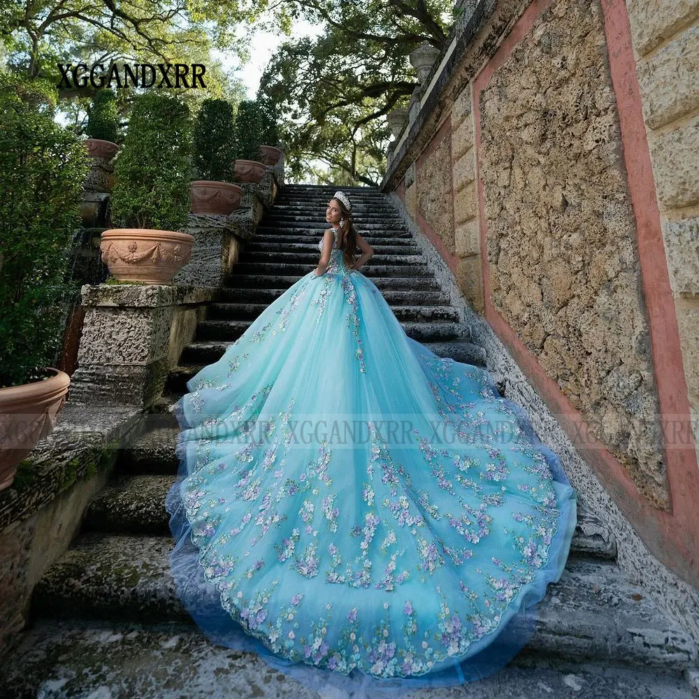 Elegante princesa doce vestido de baile, Flores 3D, Vestidos Quinceanera azuis, 16 vestidos senhorados, 15 anos, Primavera, 2022