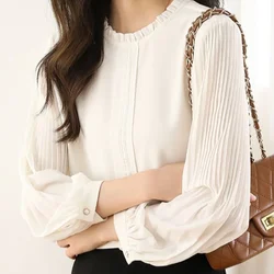 Autumn New Simple Versatile Solid Color Long Sleeved Shirt Fashionable Casual Elegant Youthful Wind White Chiffon Women's Top