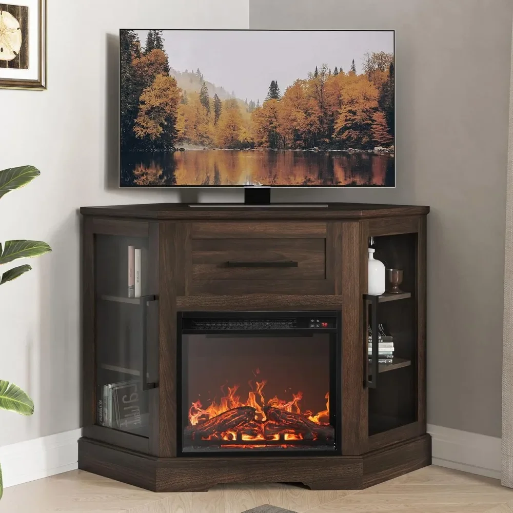 Soporte de TV esquinero con calentador de chimenea eléctrico de 18" para televisores superiores, centro de entretenimiento de madera de esquina moderno con puerta de vidrio