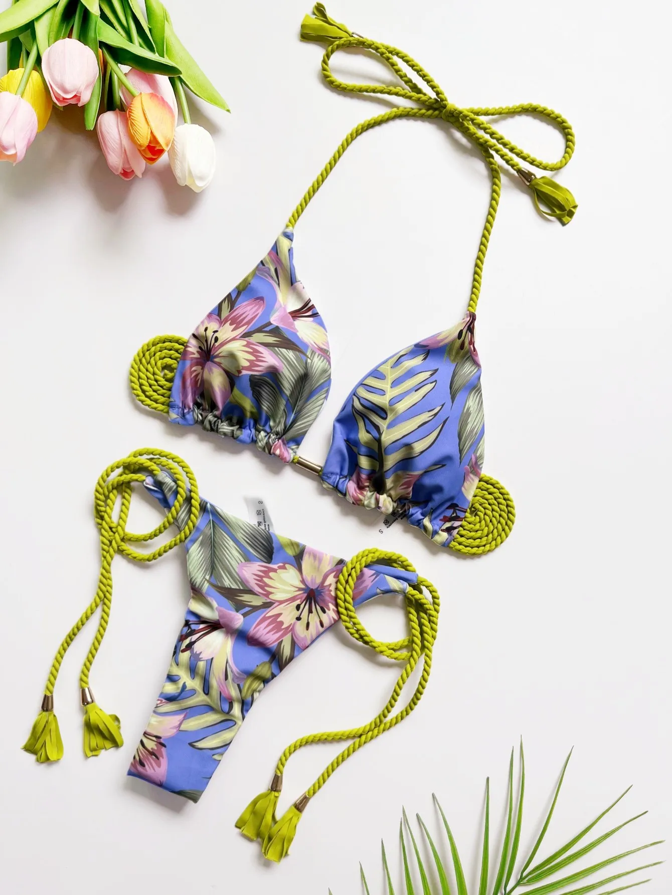 Handmade woven rope printed bikini set with tassel women's swimsuit