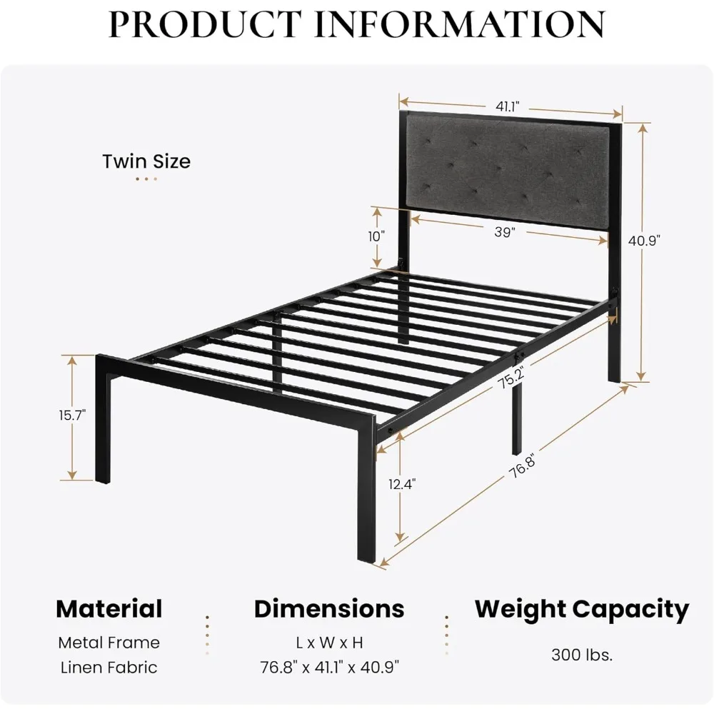 Double-size metal platform bed frame, upholstered button tufted headboard, mattress base with 17 power slats, dark grey