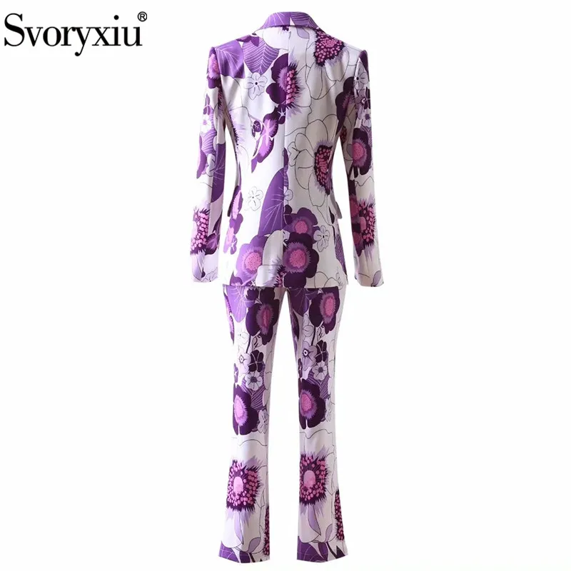 Svoryxiu Runway Designer Autumn Elegance Two Piece Set Women\'s Purple Flower Print Single Button Blazer + Pants Fashion Suit