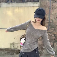 Mode Vintage col en v tricoté hauts femmes 2025 début automne nouveaux chandails pull mince à manches longues pulls Sexy gris chandails 4