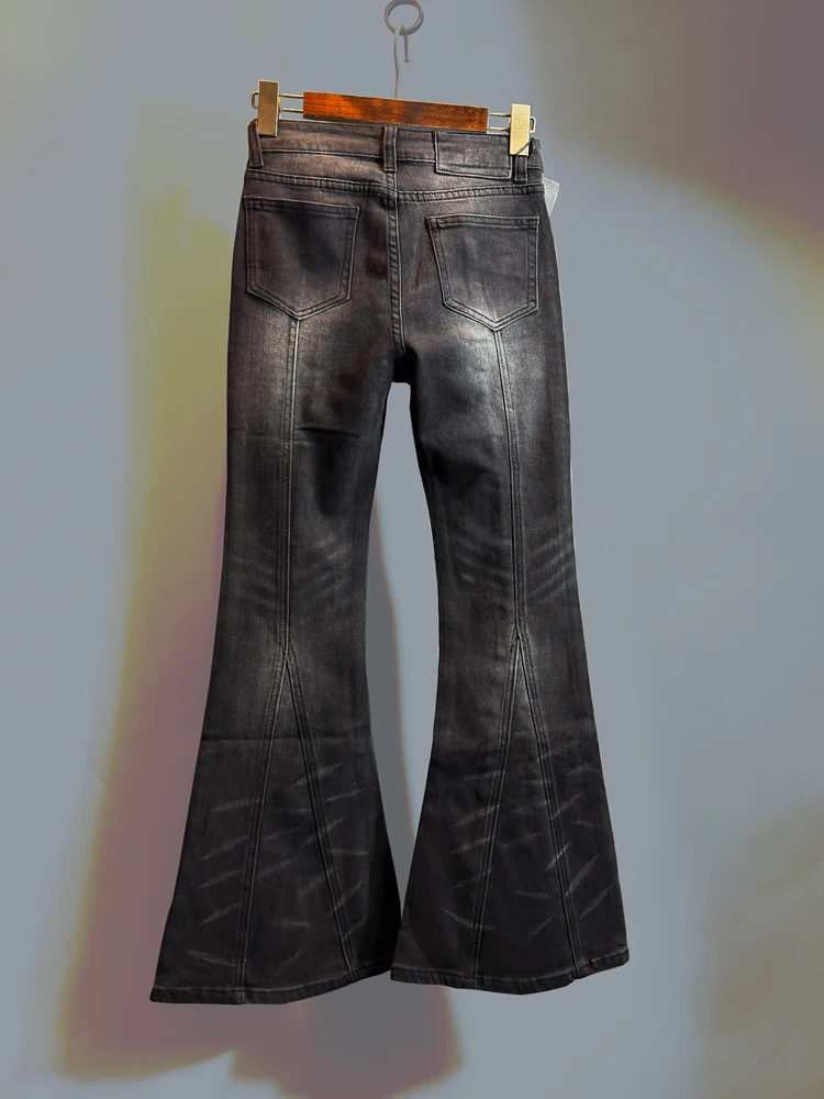 Amerikaanse stijl mode retro klinknagel uitlopende lange broek hoog getailleerde slim fit veelzijdige casual denim broek voor dames jeans