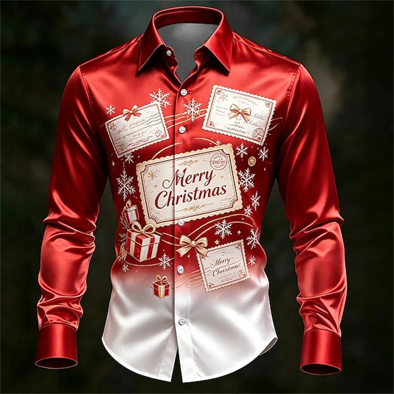 New Men's Autumn Christmas Long-Sleeve Shirt Stylish Christmas-Themed Print Button-Down Collar Festive Party Street-Style Top