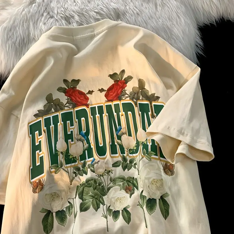 

plus Size American Retro ort Sve T-irt Loose Couples Printed Summer Vibe Rose Loose Fit Youthful Sle Casual T-irt