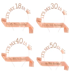 2Pcs/Set It Is My 13/16/18/21/30/40/50/60/70/80th Birthday Party Satin Sash Crown Tiara Headband Happy Birthday Party Decoration