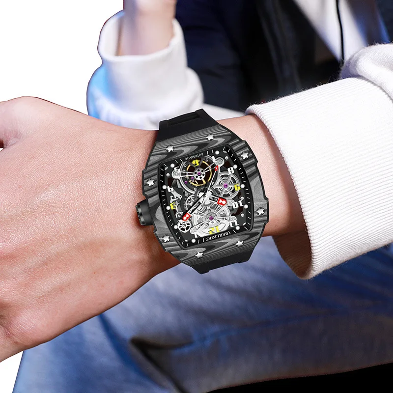 럭셔리 패션 방수 빛나는 탄소 섬유 케이스 자동 남자 시계 기계식 손목 시계 남성용 선물 시계 남성