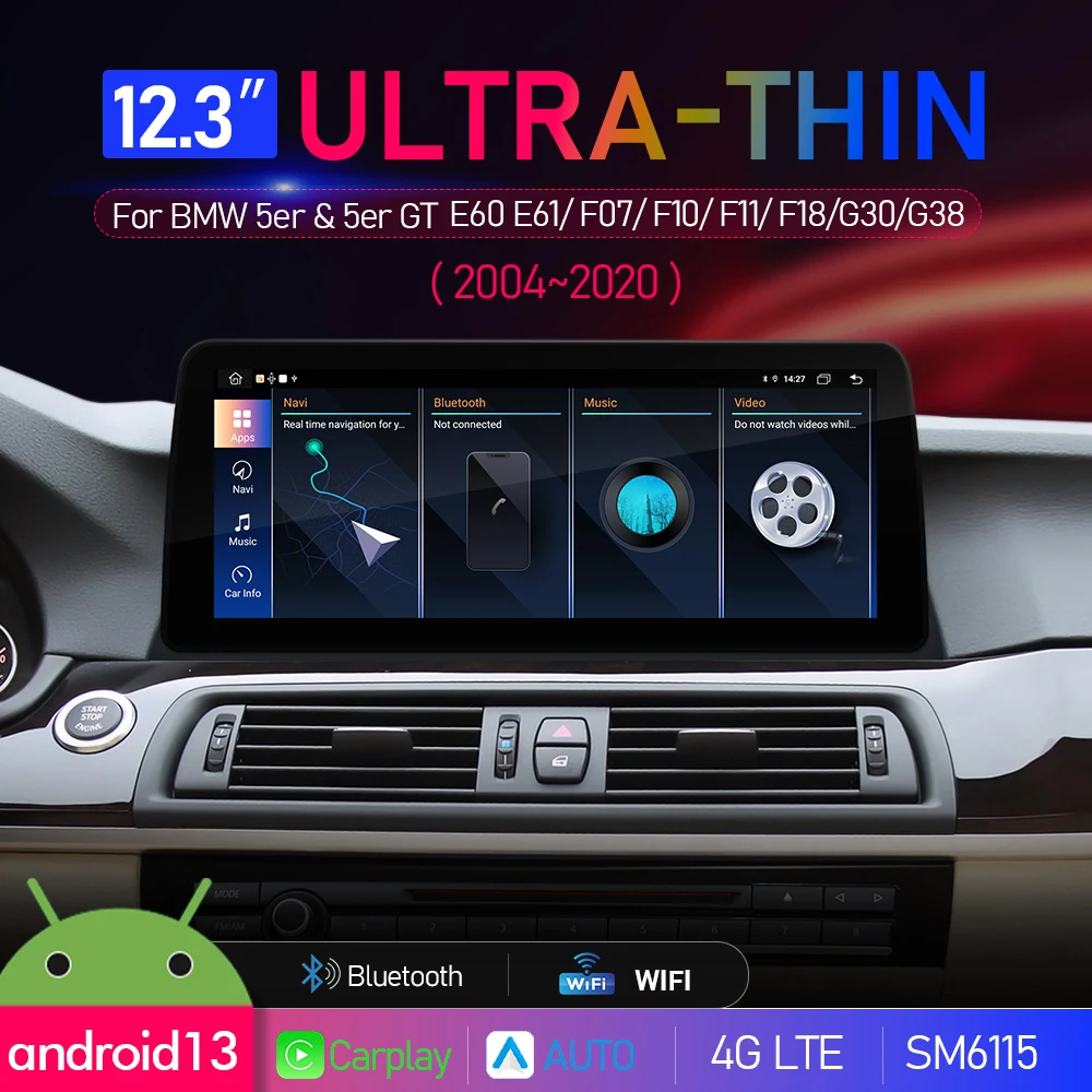 12,3-дюймовый автомобильный радиоприемник Android 13 для BMW 5 серии 5GT E60 E61 F07 F10 F11 G30 G38 2004-2020, беспроводной мультимедийный стереоплеер CarPlay