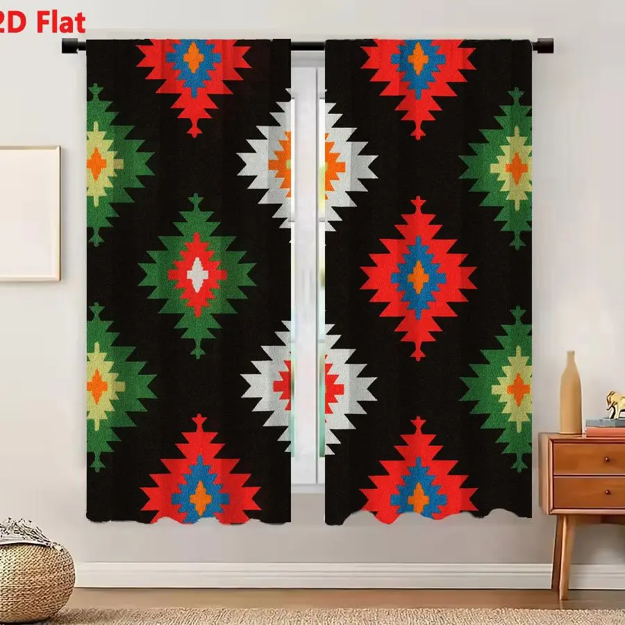 2Pcs Curtains 2D Flat Repeating Geometric Diamond Pattern On Black Background Red Green White Blue Orange Yellow Symmetrical Ste