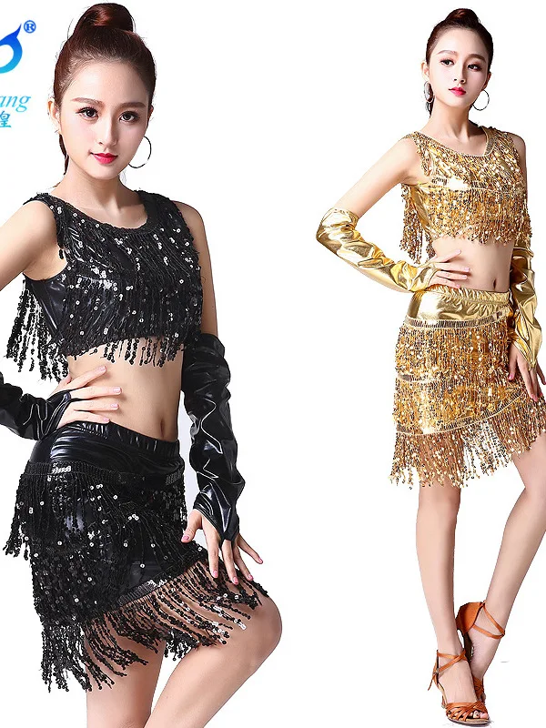 Latin Dance Split Tassel Skirt Set Ballroom Dance Skirt Adult Latin Dance Dress Modern Stage Performance Sequin Costume