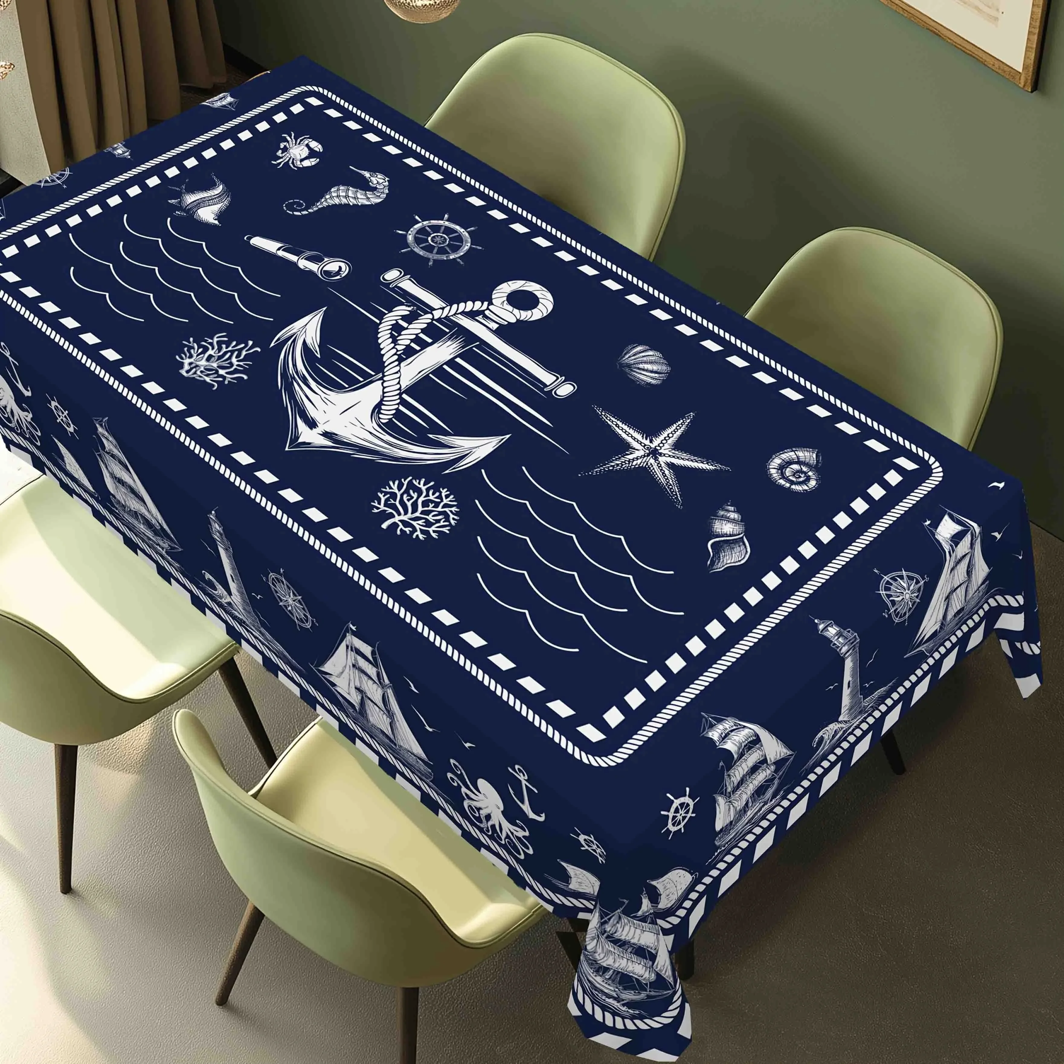 One nautical-themed tablecloth in navy blue coastal style, featuring patterns of anchors, lighthouses and compassesxzj