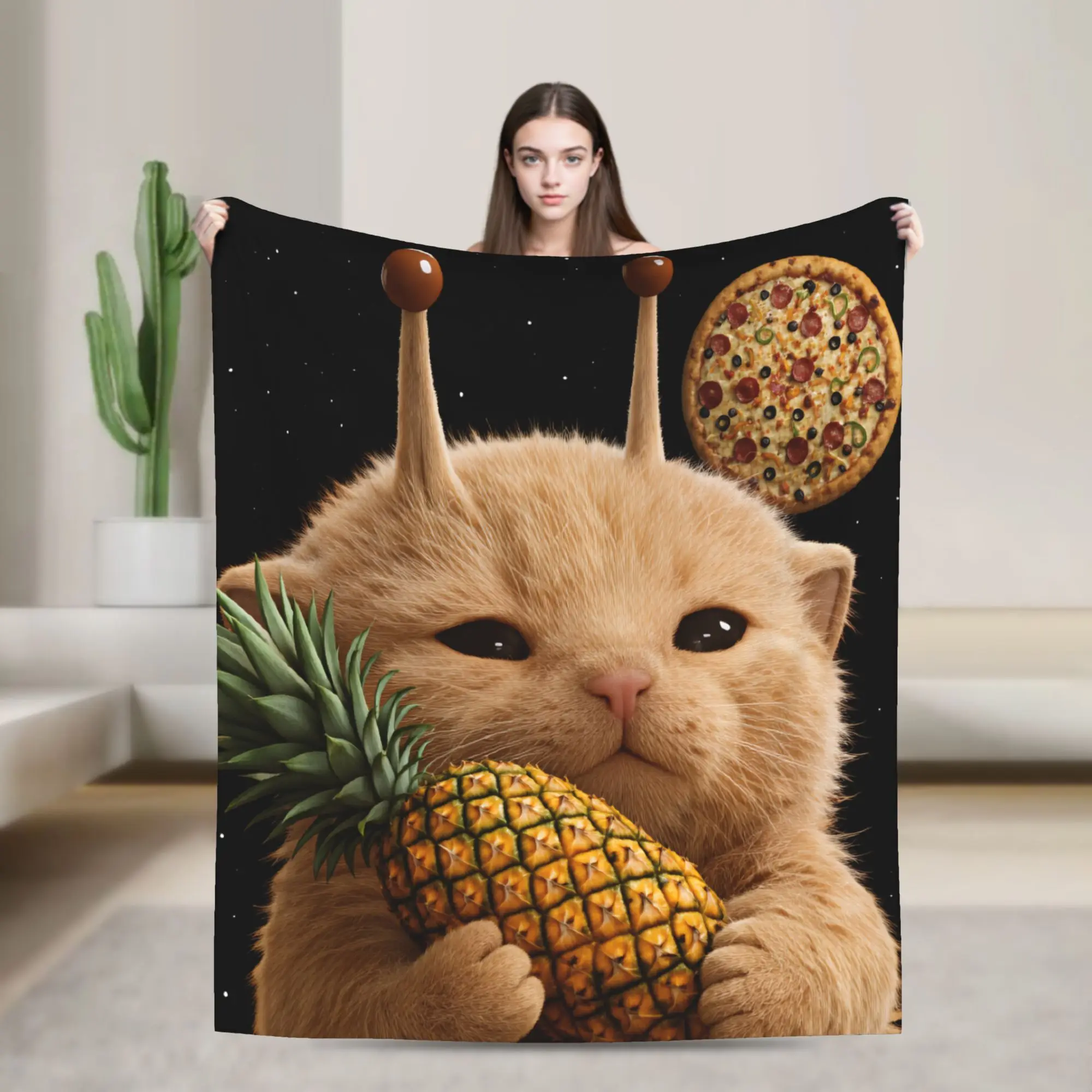 Pineapple Pizza Aliens Cat Soft Blanket For Chair Sofa Bed  Funny Throw Blanket Winter Camping Flannel Bedspread