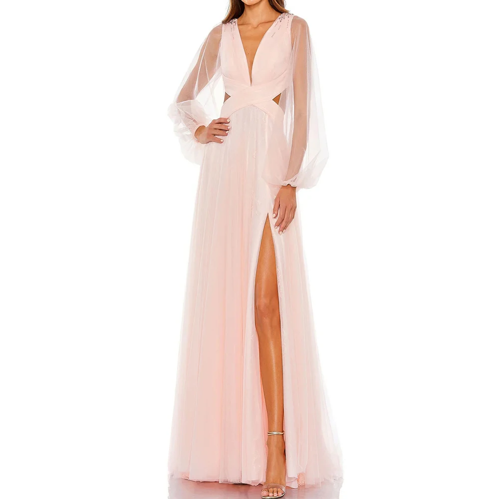 

A-line Women's Evening Dresses Floor-length V-neck Full Sleeve Prom Gown Fashion Crystal Side-split Sequined Customized Gowns