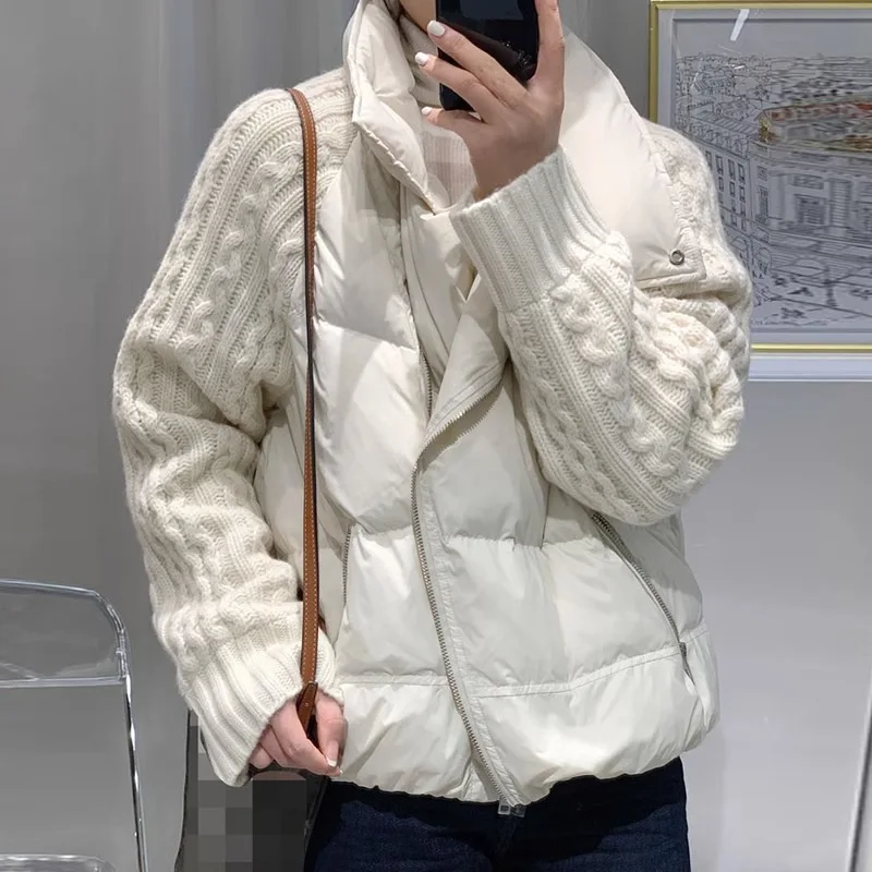

2026 New Fashionable Quilited Jacket Knitted Splicing White Duck Down Jacket for Women's Winter Fashion Casual Coat