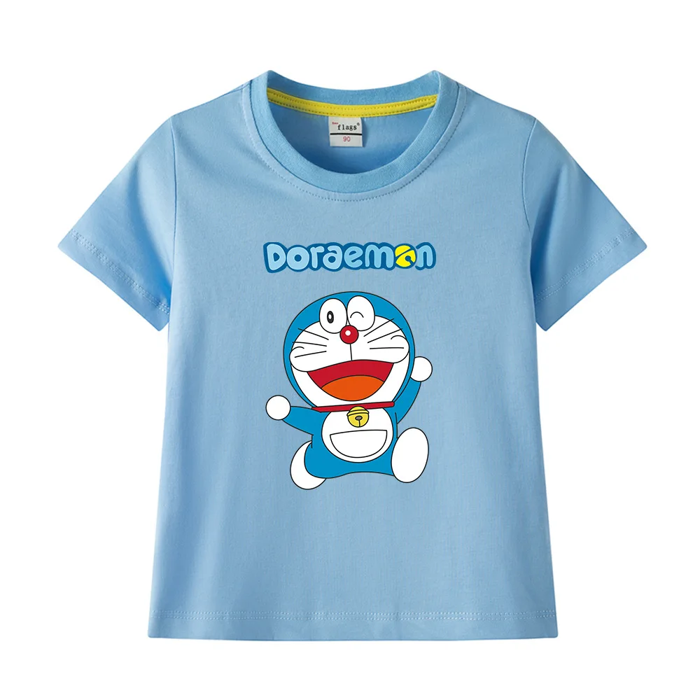 Doraemon Kids Clothes Boys Cartoon Print Children\'s Short Sleeved T-shirt Summer Leisure O-Neck Pure Cotton Kawaii Girls Tops