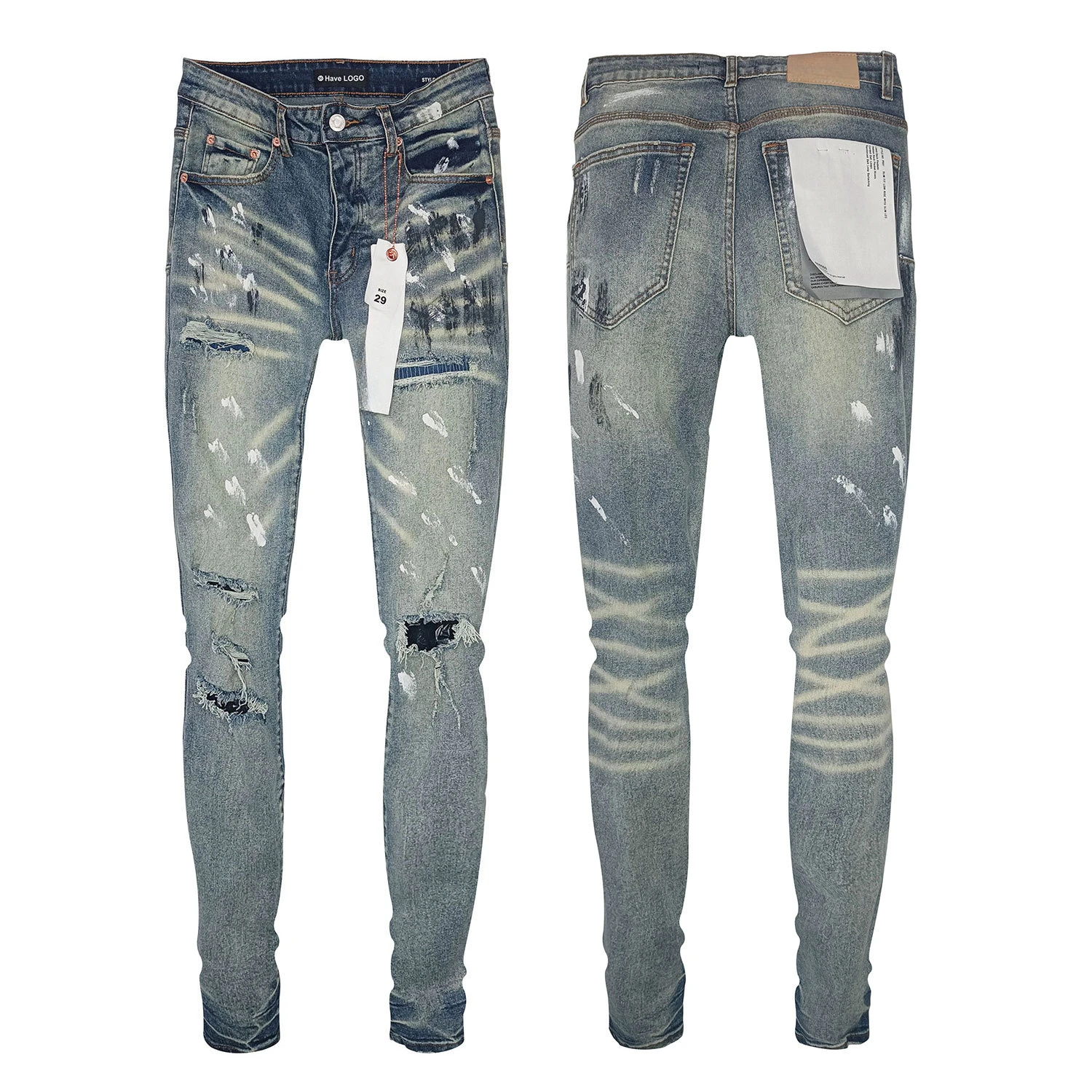 

Purples Blue Jeans American High Street Blue Ripped Holes Old Brands Pants