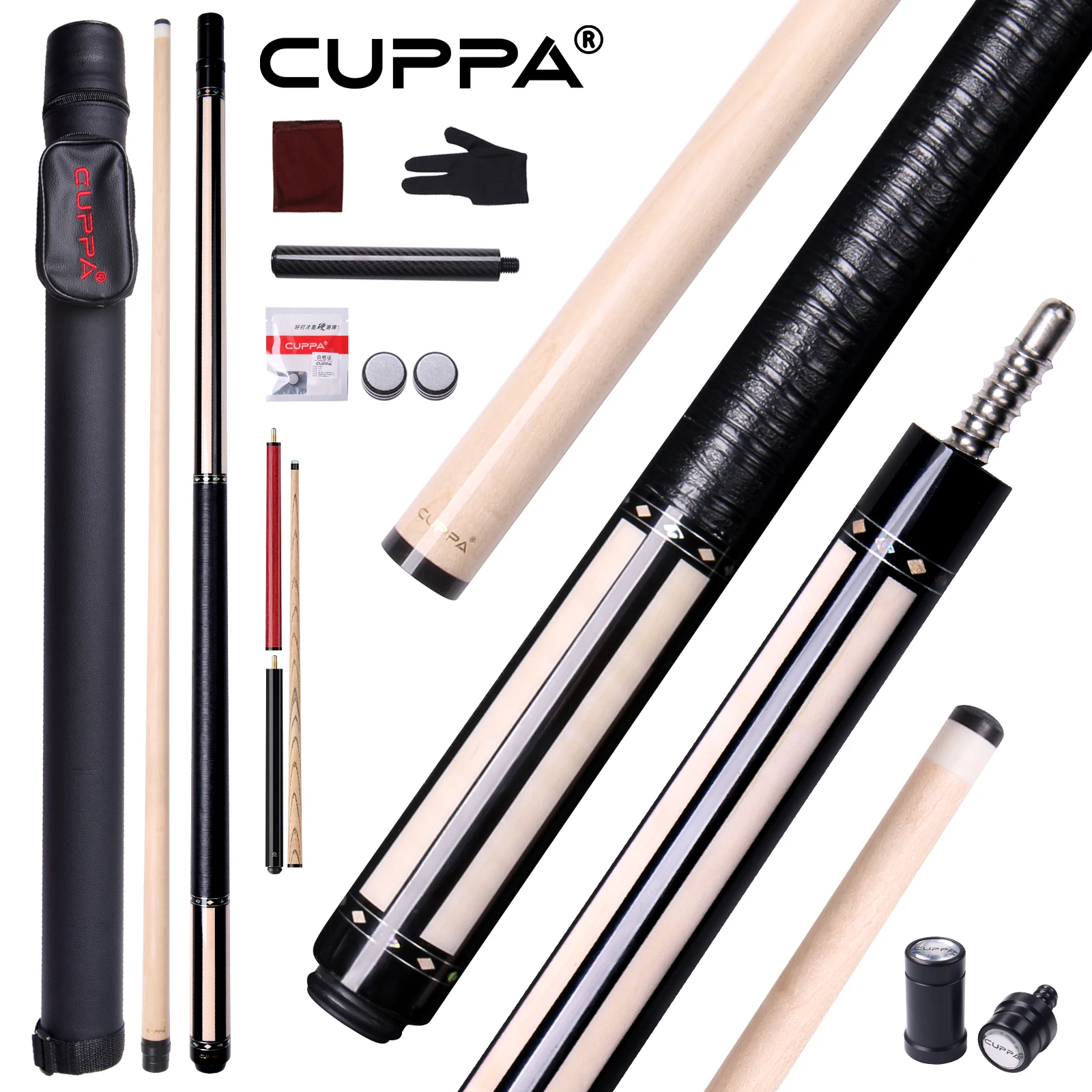 CUPPA Ebony Inlay Pool Cue Stick 58-inch 1/2 Split with North American Hard Maple Shaft Radial Joint 12.2mm Tip for 9 Ball