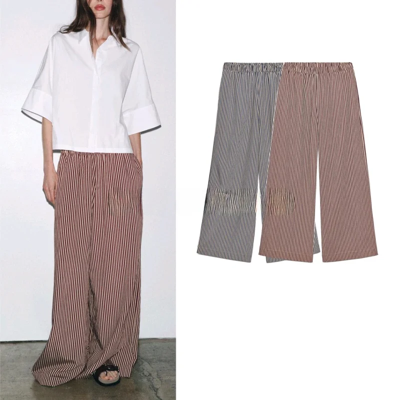 Pantaloni casual in misto viscosa a righe larghe americane da donna della nuova estate Pantaloni a gamba dritta vestibilità ampia a vita media