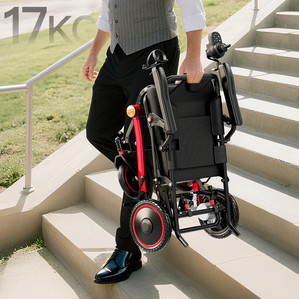 Fauteuil roulant tout-terrain électrique léger 17 kg, pneus pleins, moteur puissant, pour l'aventure et la réadaptation