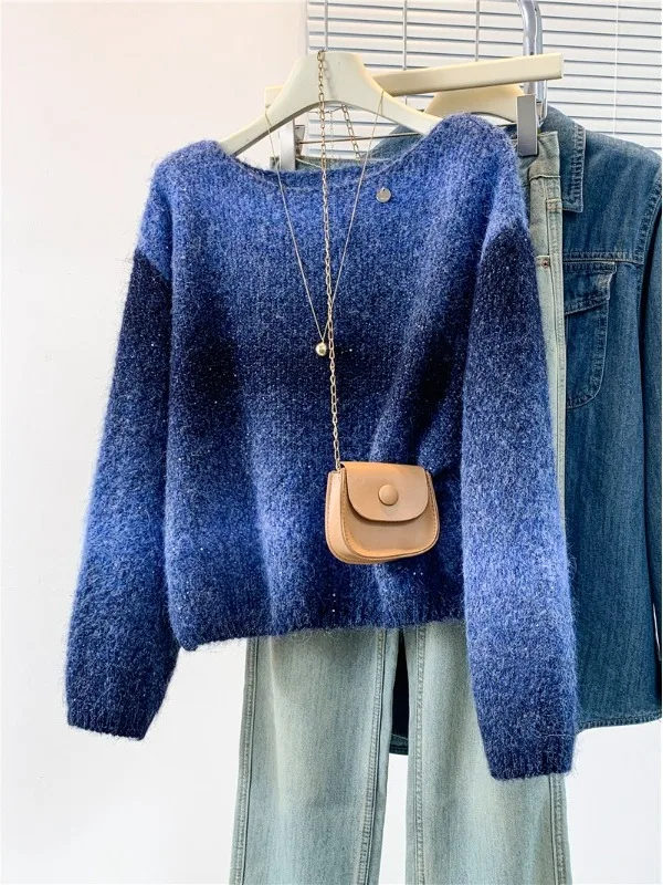 Lush Brand Women's Lazy Style One-Shoulder Glitter Gradient Blue Soft Knitted Sweater Loose Fit Long Sleeve Autumn Fashion